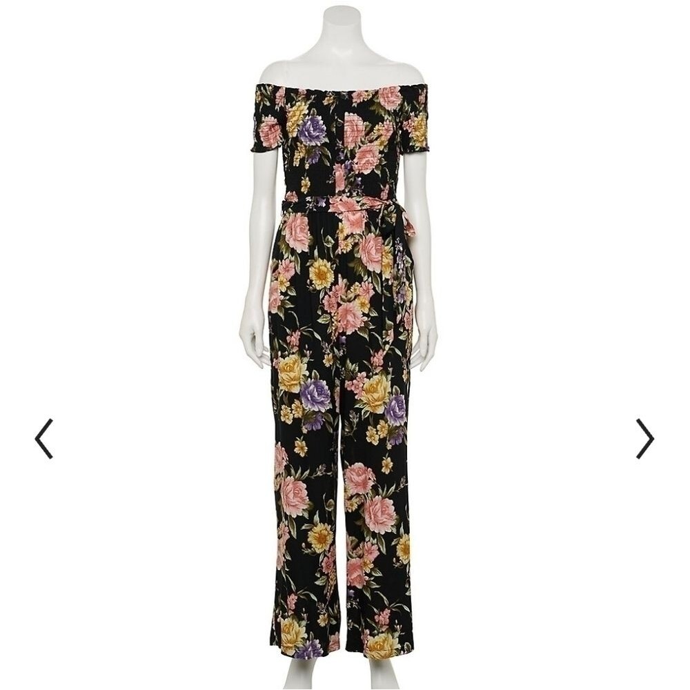 Juniors' Live To Be Spoiled Smocked Off-the-Shoulder Jumpsuit large